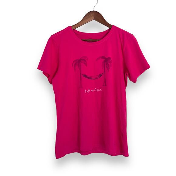 Life is Good Womens Sz M T-Shirt Pink Palm Tree Hammock Crusher Tee Short Sleeve - Picture 1 of 7
